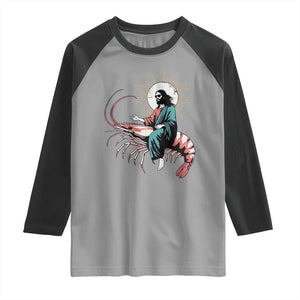 Funny Christian Prawn Raglan Shirt Retro Jesus Riding A Shrimp Meme TS11 Sport Gray Black Print Your Wear