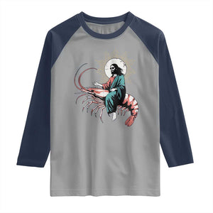 Funny Christian Prawn Raglan Shirt Retro Jesus Riding A Shrimp Meme TS11 Sport Gray Navy Print Your Wear