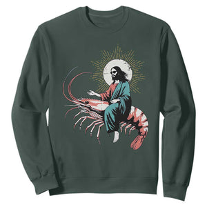 Funny Christian Prawn Sweatshirt Retro Jesus Riding A Shrimp Meme TS11 Dark Forest Green Print Your Wear