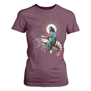 Funny Christian Prawn T Shirt For Women Retro Jesus Riding A Shrimp Meme TS11 Maroon Print Your Wear