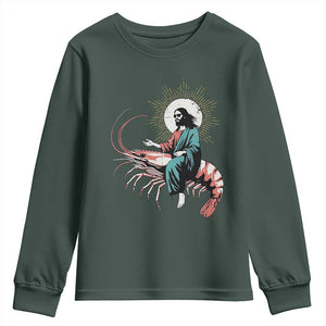 Funny Christian Prawn Youth Sweatshirt Retro Jesus Riding A Shrimp Meme TS11 Dark Forest Green Print Your Wear