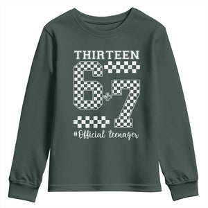 Funny 67 13th Birthday Youth Sweatshirt Thirteen Official Teenager Six Seven Meme Groovy Checkered TS11 Dark Forest Green Print Your Wear