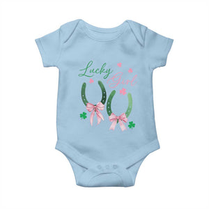 Funny St Patrick's Day Coquette Baby Onesie Lucky Girl Horseshoe Pink Bow TS11 Light Blue Print Your Wear