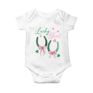 Funny St Patrick's Day Coquette Baby Onesie Lucky Girl Horseshoe Pink Bow TS11 White Print Your Wear