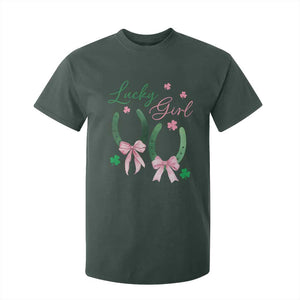 Funny St Patrick's Day Coquette T Shirt For Kid Lucky Girl Horseshoe Pink Bow TS11 Dark Forest Green Print Your Wear