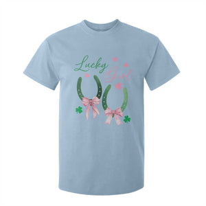 Funny St Patrick's Day Coquette T Shirt For Kid Lucky Girl Horseshoe Pink Bow TS11 Light Blue Print Your Wear