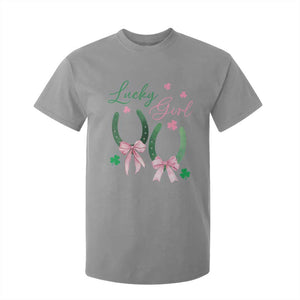 Funny St Patrick's Day Coquette T Shirt For Kid Lucky Girl Horseshoe Pink Bow TS11 Sport Gray Print Your Wear