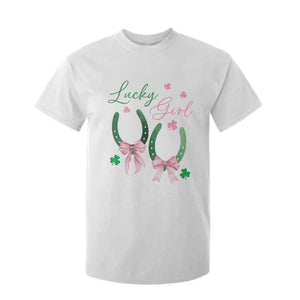 Funny St Patrick's Day Coquette T Shirt For Kid Lucky Girl Horseshoe Pink Bow TS11 White Print Your Wear