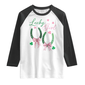 Funny St Patrick's Day Coquette Raglan Shirt Lucky Girl Horseshoe Pink Bow TS11 White Black Print Your Wear