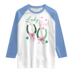 Funny St Patrick's Day Coquette Raglan Shirt Lucky Girl Horseshoe Pink Bow TS11 White Carolina Blue Print Your Wear