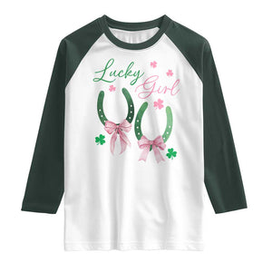 Funny St Patrick's Day Coquette Raglan Shirt Lucky Girl Horseshoe Pink Bow TS11 White Dark Forest Green Print Your Wear