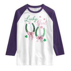 Funny St Patrick's Day Coquette Raglan Shirt Lucky Girl Horseshoe Pink Bow TS11 White Purple Print Your Wear