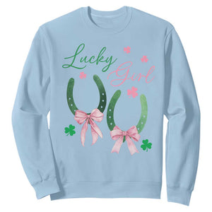 Funny St Patrick's Day Coquette Sweatshirt Lucky Girl Horseshoe Pink Bow TS11 Light Blue Print Your Wear