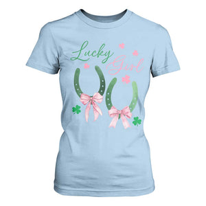 Funny St Patrick's Day Coquette T Shirt For Women Lucky Girl Horseshoe Pink Bow TS11 Light Blue Print Your Wear