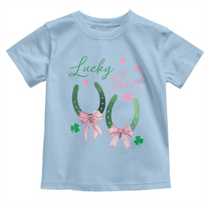 Funny St Patrick's Day Coquette Toddler T Shirt Lucky Girl Horseshoe Pink Bow TS11 Light Blue Print Your Wear