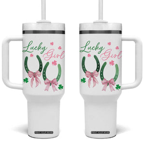 Funny St Patrick's Day Coquette Tumbler With Handle Lucky Girl Horseshoe Pink Bow TS11 One Size: 40 oz White Print Your Wear