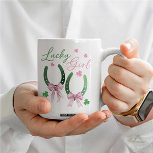 Funny St Patrick's Day Coquette Coffee Mug Lucky Girl Horseshoe Pink Bow TS11 Print Your Wear