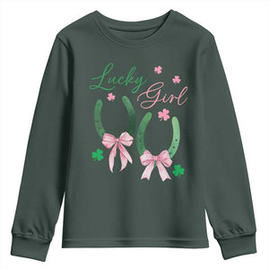 Funny St Patrick's Day Coquette Youth Sweatshirt Lucky Girl Horseshoe Pink Bow TS11 Dark Forest Green Print Your Wear