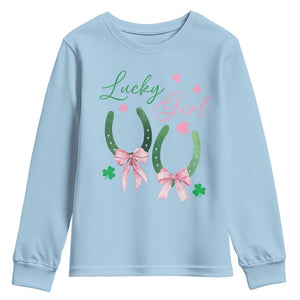 Funny St Patrick's Day Coquette Youth Sweatshirt Lucky Girl Horseshoe Pink Bow TS11 Light Blue Print Your Wear