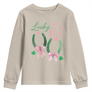 Funny St Patrick's Day Coquette Youth Sweatshirt Lucky Girl Horseshoe Pink Bow TS11 Sand Print Your Wear