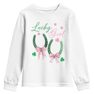 Funny St Patrick's Day Coquette Youth Sweatshirt Lucky Girl Horseshoe Pink Bow TS11 White Print Your Wear