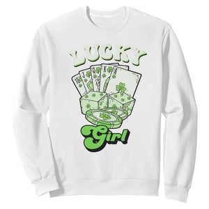 Funny St Patrick's Day Casino Games Sweatshirt Lucky Girl Shamrock Casino Poker Chips Cards TS11 White Print Your Wear