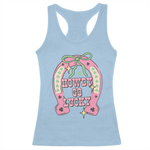 Funny St Patrick's Day Cowgirl Coquette Racerback Tank Top Howdy Go Lucky Pink Horseshoe TS11 Light Blue Print Your Wear
