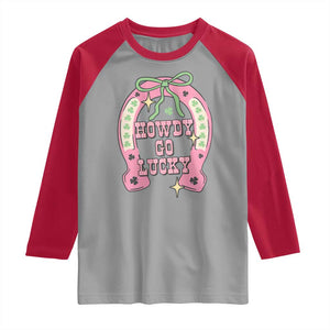 Funny St Patrick's Day Cowgirl Coquette Raglan Shirt Howdy Go Lucky Pink Horseshoe TS11 Sport Gray Red Print Your Wear
