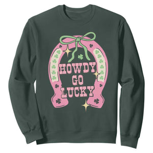 Funny St Patrick's Day Cowgirl Coquette Sweatshirt Howdy Go Lucky Pink Horseshoe TS11 Dark Forest Green Print Your Wear