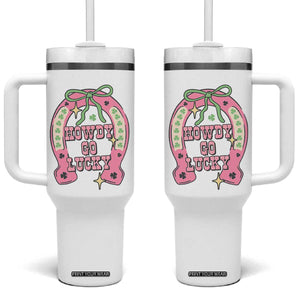 Funny St Patrick's Day Cowgirl Coquette Tumbler With Handle Howdy Go Lucky Pink Horseshoe TS11 One Size: 40 oz White Print Your Wear