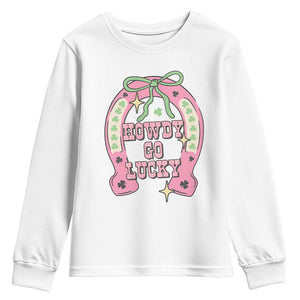 Funny St Patrick's Day Cowgirl Coquette Youth Sweatshirt Howdy Go Lucky Pink Horseshoe TS11 White Print Your Wear