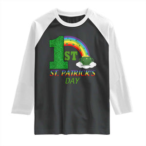 Funny First 1st St Patrick's Day Raglan Shirt Shamrock Rainbow Glitter Print TS11 Black White Print Your Wear
