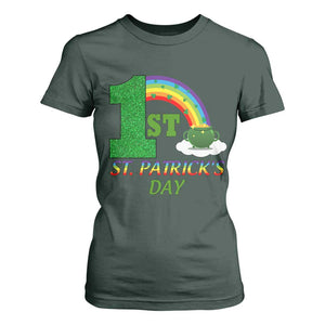 Funny First 1st St Patrick's Day T Shirt For Women Shamrock Rainbow Glitter Print TS11 Dark Forest Green Print Your Wear