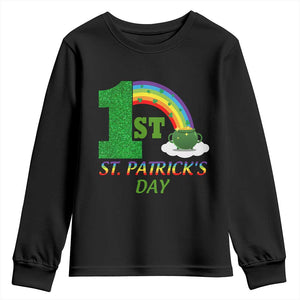 Funny First 1st St Patrick's Day Youth Sweatshirt Shamrock Rainbow Glitter Print TS11 Black Print Your Wear