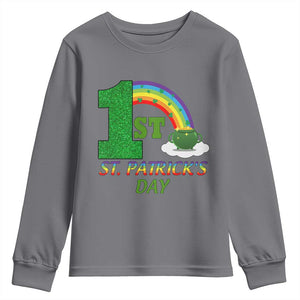 Funny First 1st St Patrick's Day Youth Sweatshirt Shamrock Rainbow Glitter Print TS11 Charcoal Print Your Wear