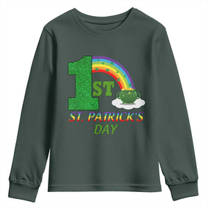 Funny First 1st St Patrick's Day Youth Sweatshirt Shamrock Rainbow Glitter Print TS11 Dark Forest Green Print Your Wear