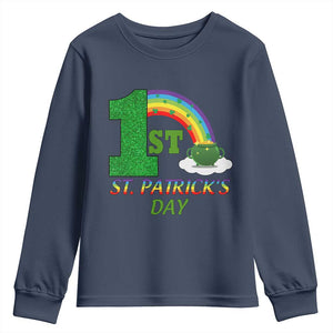 Funny First 1st St Patrick's Day Youth Sweatshirt Shamrock Rainbow Glitter Print TS11 Navy Print Your Wear