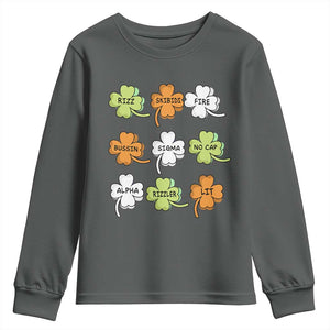 Funny Skibidi Rizz St Patrick's Day Youth Sweatshirt Shamrock Clover Candy Rizzler Meme TS11 Dark Heather Print Your Wear