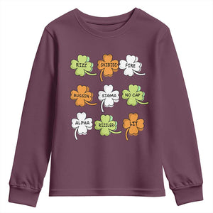 Funny Skibidi Rizz St Patrick's Day Youth Sweatshirt Shamrock Clover Candy Rizzler Meme TS11 Maroon Print Your Wear