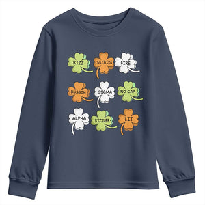 Funny Skibidi Rizz St Patrick's Day Youth Sweatshirt Shamrock Clover Candy Rizzler Meme TS11 Navy Print Your Wear