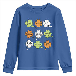 Funny Skibidi Rizz St Patrick's Day Youth Sweatshirt Shamrock Clover Candy Rizzler Meme TS11 Royal Blue Print Your Wear