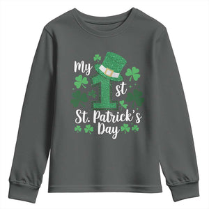 Funny My 1st St Patrick's Day Youth Sweatshirt Shamrock Glitter Print TS11 Dark Heather Print Your Wear