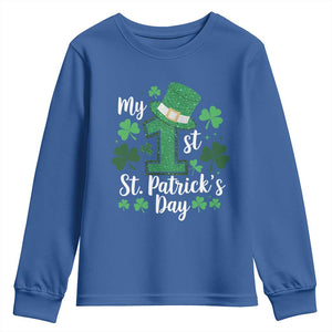 Funny My 1st St Patrick's Day Youth Sweatshirt Shamrock Glitter Print TS11 Royal Blue Print Your Wear