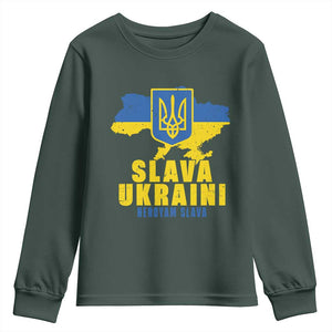 Slava Ukraini Heroyam Slava Youth Sweatshirt Vintage Ukrainian Flag TS11 Dark Forest Green Print Your Wear