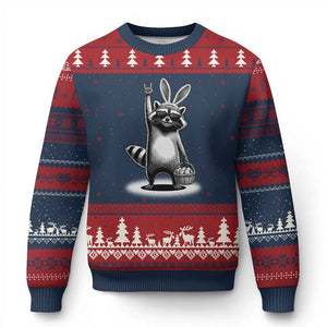 Retro Easter Raccoon Bunny Rock Hand Trash Panda Ugly Christmas Sweater TS11 Navy Red Print Your Wear