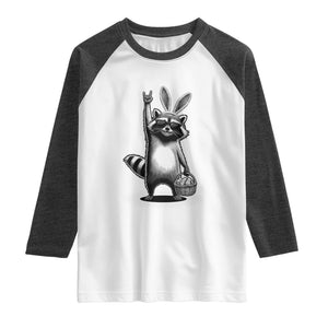 Retro Easter Raccoon Bunny Rock Hand Trash Panda Raglan Shirt TS11 White Heather Charcoal Print Your Wear