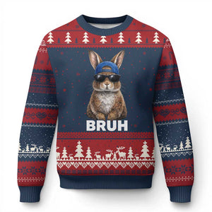 Funny Easter Bruh Bunny Sunglasses Meme Ugly Christmas Sweater TS11 Navy Red Print Your Wear