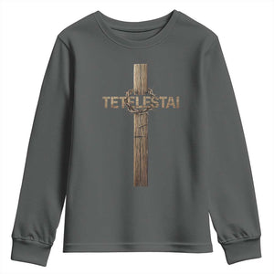 Christian Easter Resurrection Day Tetelestai Religious Cross Youth Sweatshirt TS11 Dark Heather Print Your Wear