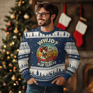 WWJD Probably Flip Tables Ugly Christmas Sweater Retro Christian Humor TS11 Navy Beige Print Your Wear