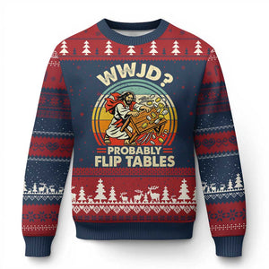 WWJD Probably Flip Tables Ugly Christmas Sweater Retro Christian Humor TS11 Navy Red Print Your Wear